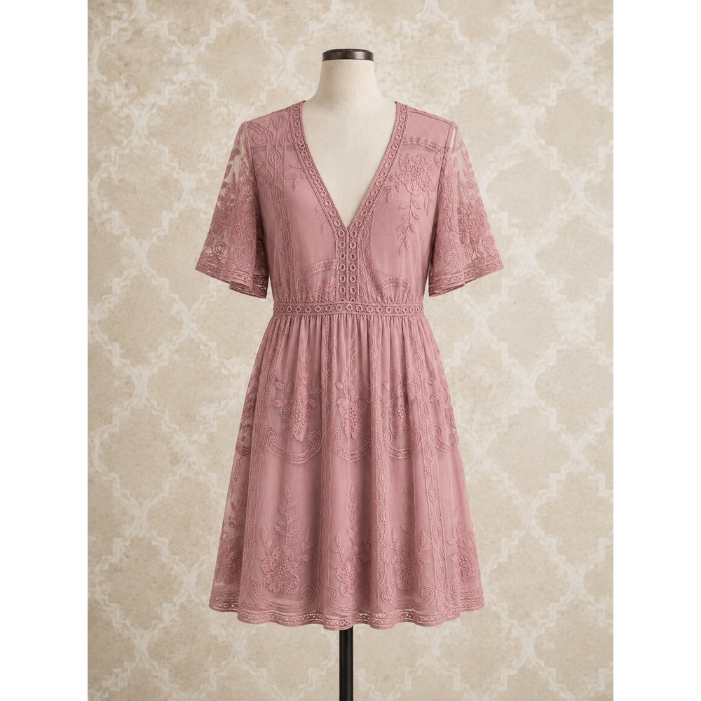 Haute Monde Lace Embroidered Short Sleeve Sheer Lined Fit‎ & Flare Dress Size S
